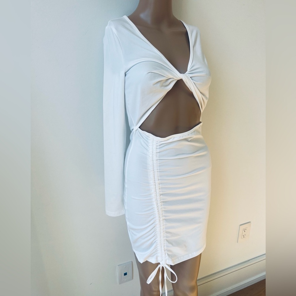 SHEIN White Twist Cutout Long Sleeve Ruched Mini Dress